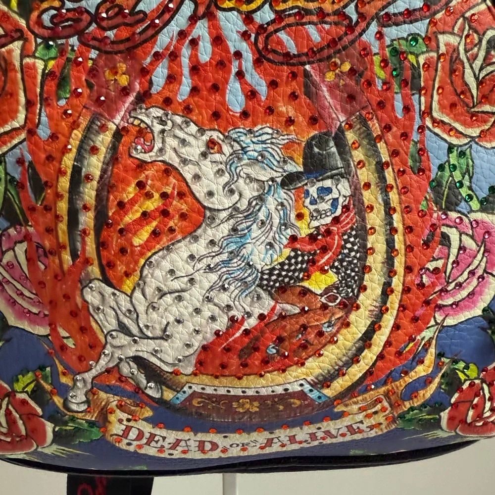 Ed Hardy Black Mini Backpack with Multicolor Graphic Roses - Picture 2 of 11